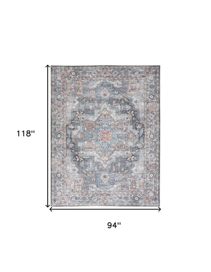 8' X 10' Blue Floral Power Loom Distressed Washable Area Rug