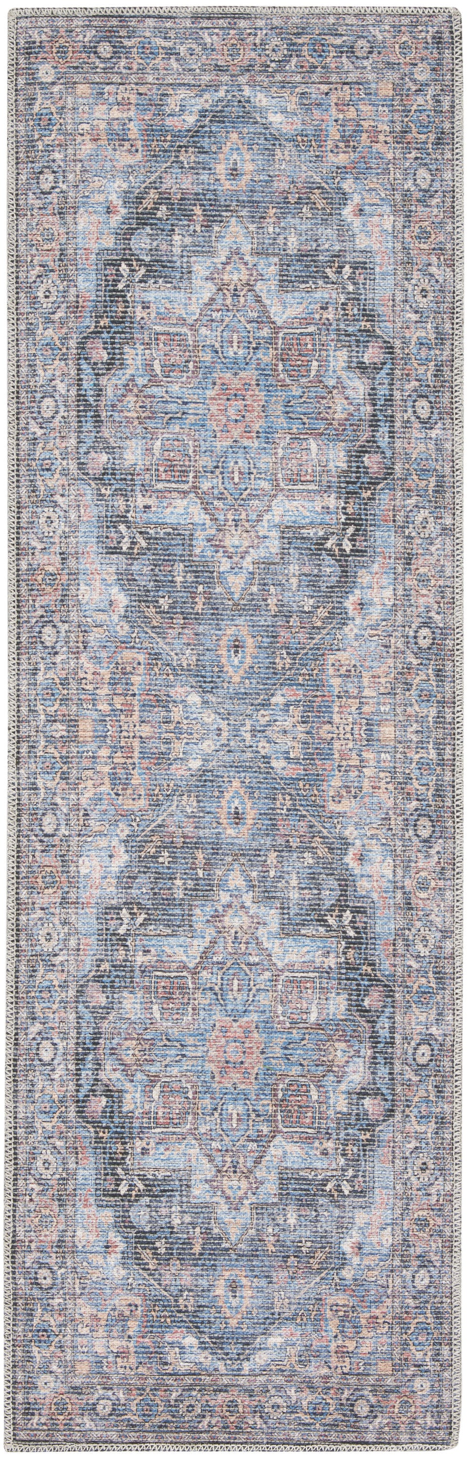 8' Blue Floral Power Loom Distressed Washable Runner Rug