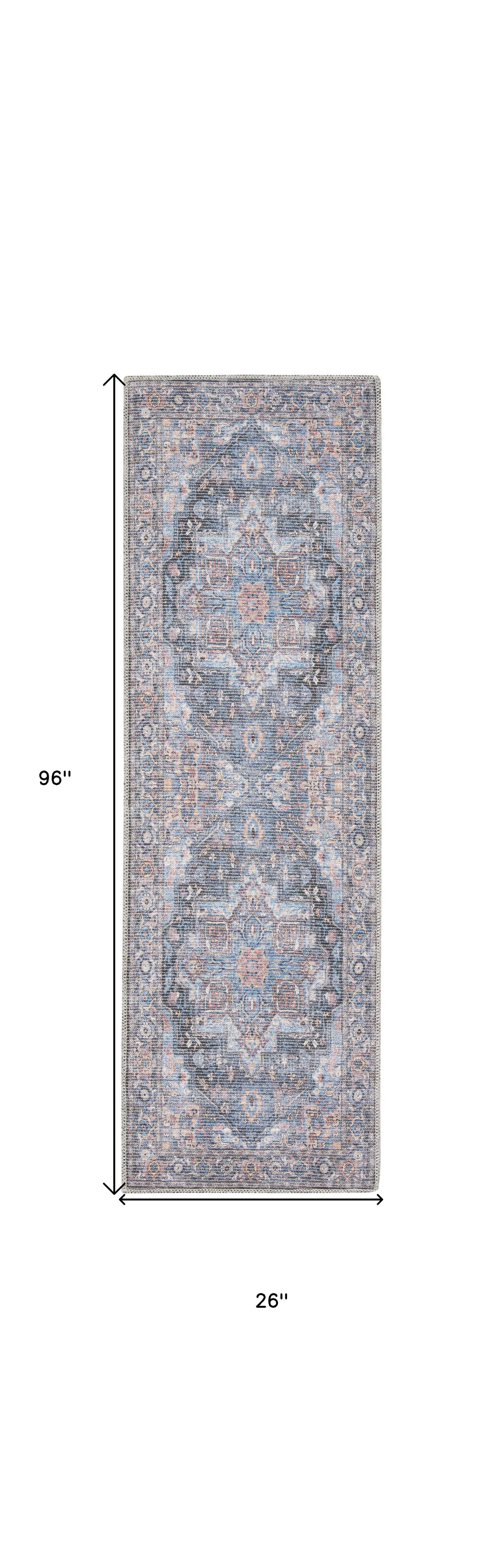 8' Blue Floral Power Loom Distressed Washable Runner Rug