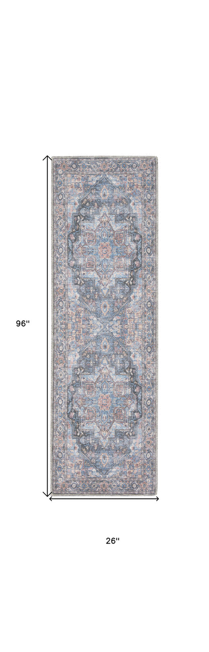 8' Blue Floral Power Loom Distressed Washable Runner Rug