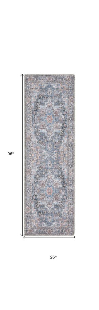 8' Blue Floral Power Loom Distressed Washable Runner Rug