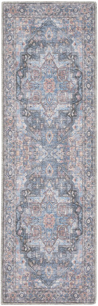 10' Blue Floral Power Loom Distressed Washable Runner Rug