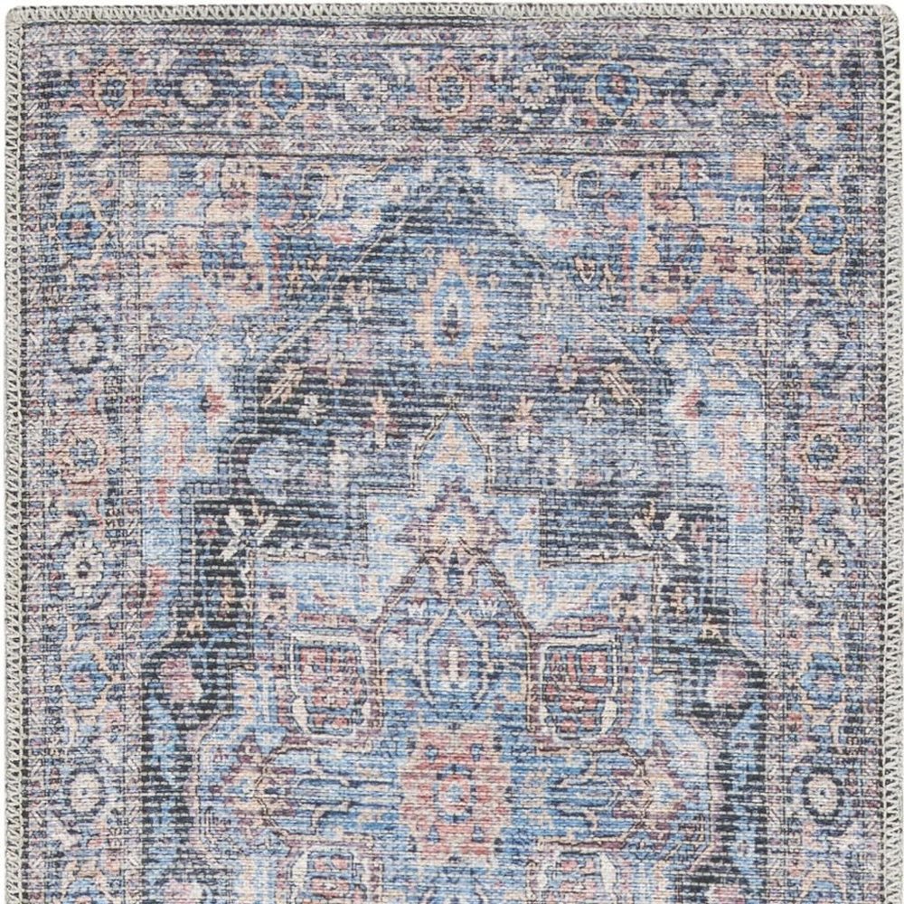 10' Blue Floral Power Loom Distressed Washable Runner Rug