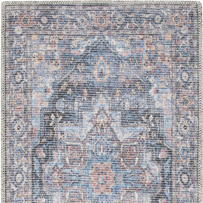 10' Blue Floral Power Loom Distressed Washable Runner Rug