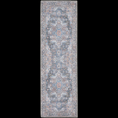 10' Blue Floral Power Loom Distressed Washable Runner Rug