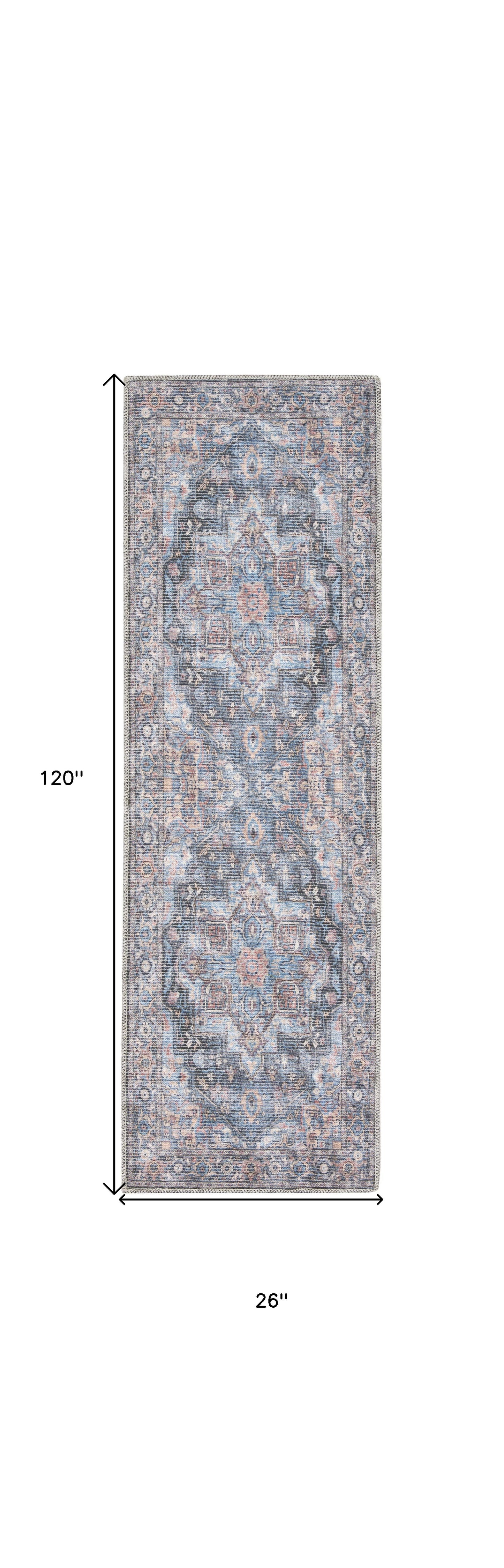 10' Blue Floral Power Loom Distressed Washable Runner Rug