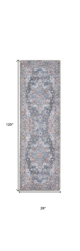 10' Blue Floral Power Loom Distressed Washable Runner Rug