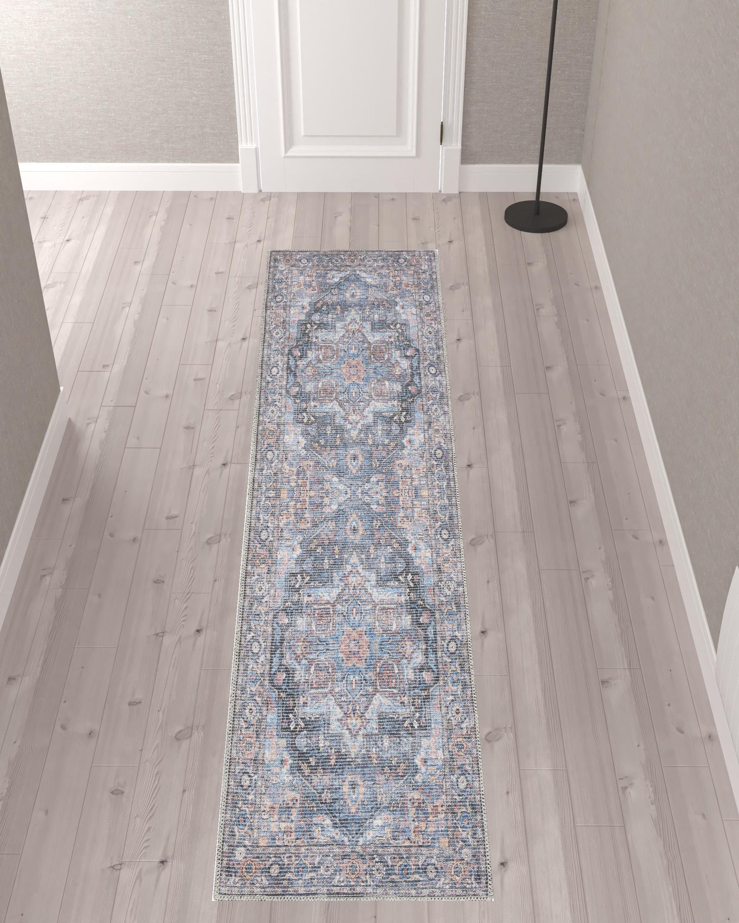 10' Blue Floral Power Loom Distressed Washable Runner Rug