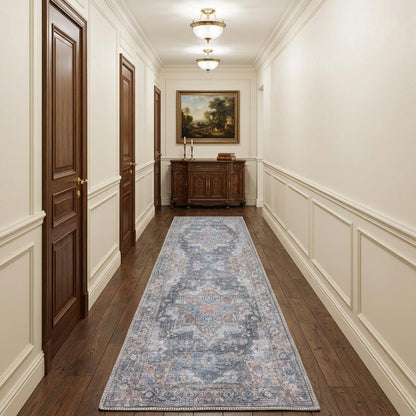 10' Blue Floral Power Loom Distressed Washable Runner Rug