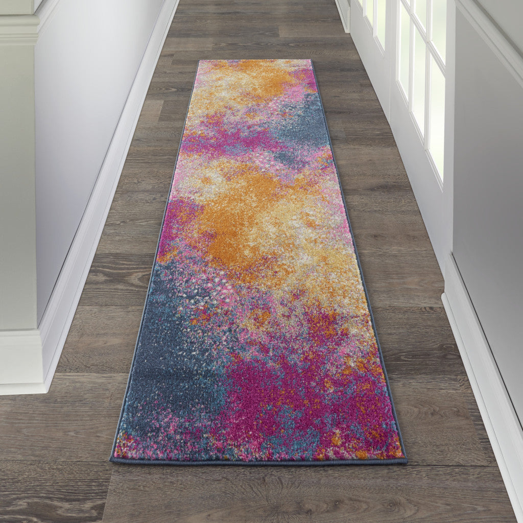 Blue Abstract Power Loom Runner Rug