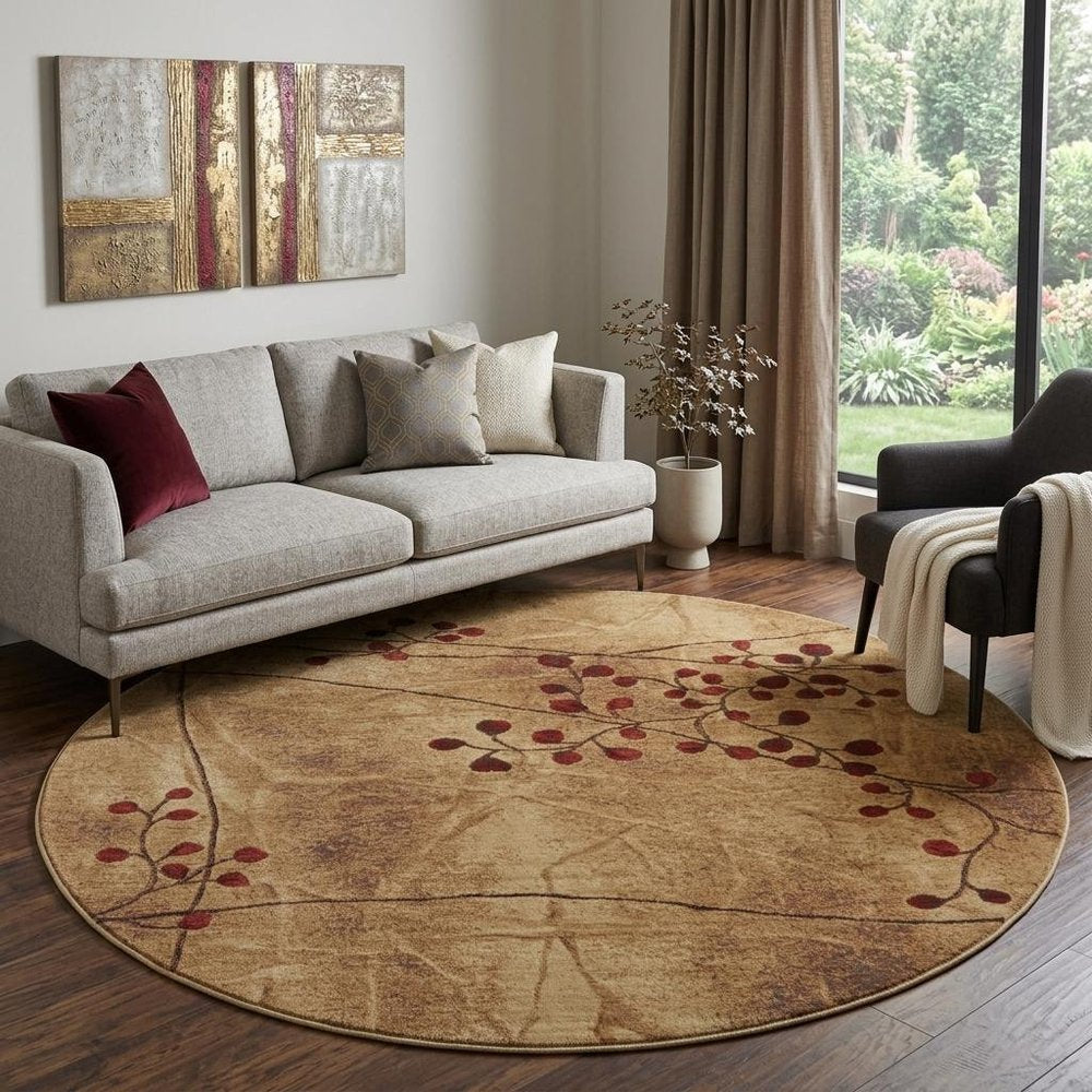 8' Brown Floral Power Loom Non Skid Round Rug