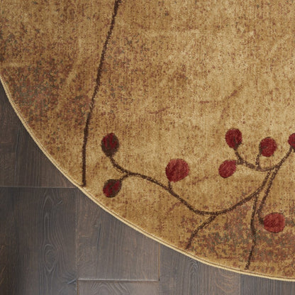 8' Brown Floral Power Loom Non Skid Round Rug