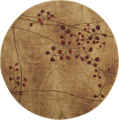 8' Brown Floral Power Loom Non Skid Round Rug