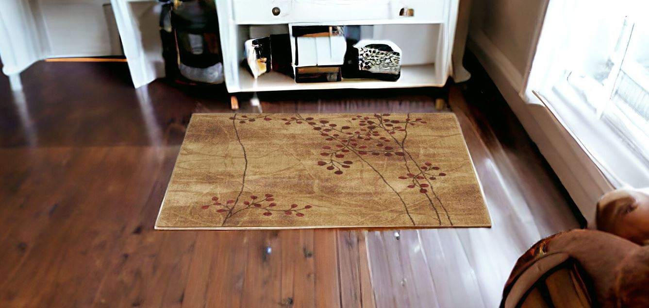 7' Brown and Red Square Floral Power Loom Area Rug