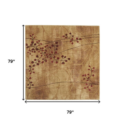 7' Brown and Red Square Floral Power Loom Area Rug