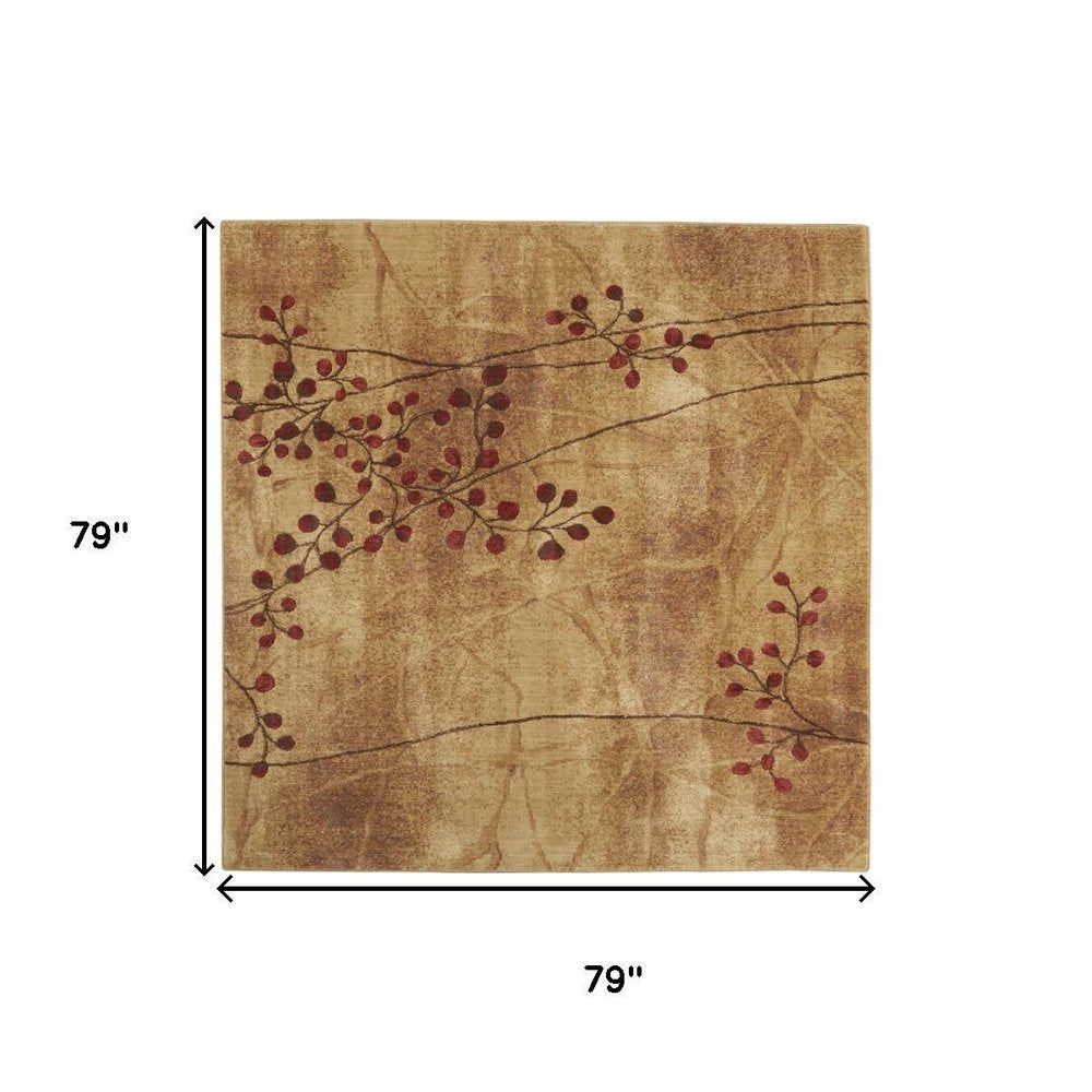 7' Brown and Red Square Floral Power Loom Area Rug