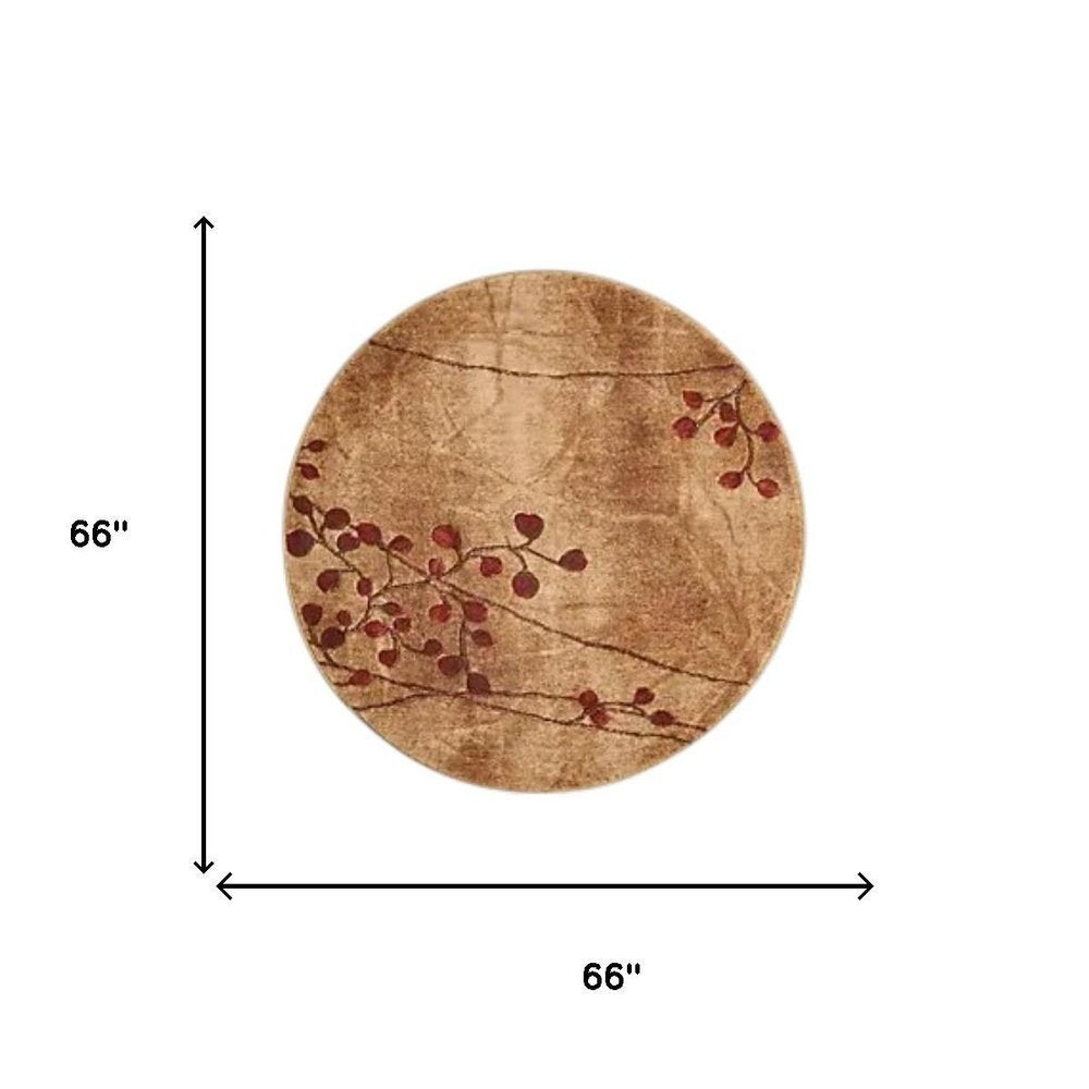 6' Brown Round Floral Power Loom Area Rug
