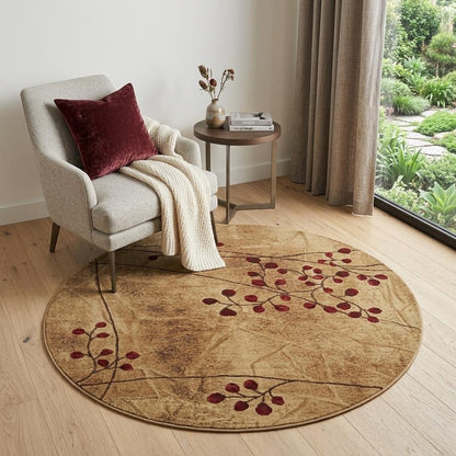 4' Brown Round Floral Power Loom Area Rug