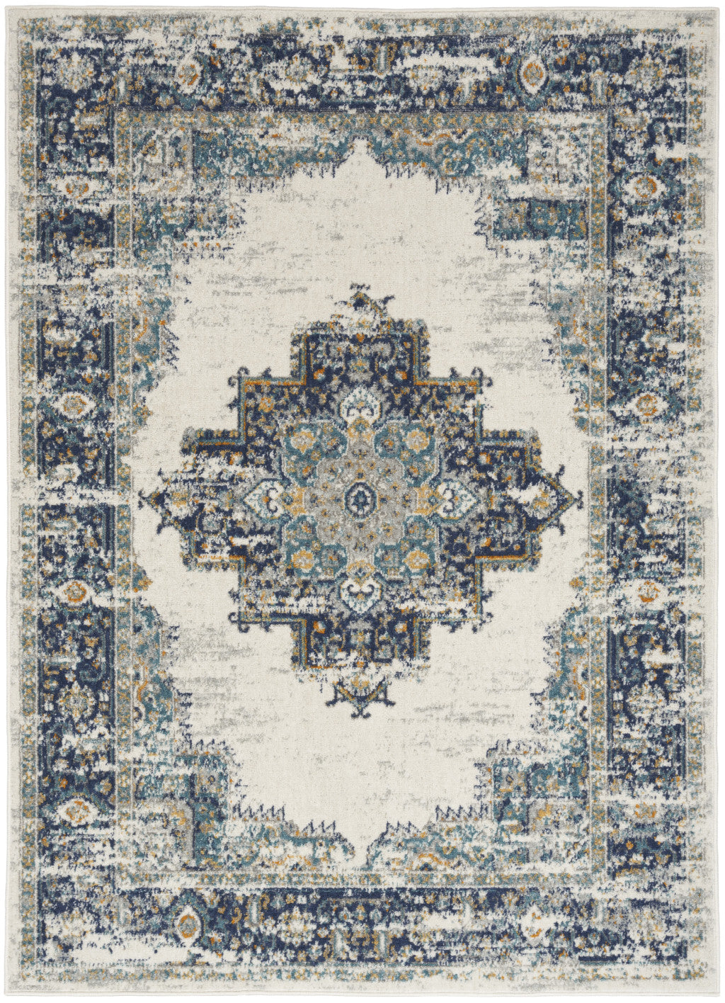 8' X 10' Cream Floral Power Loom Distressed Area Rug