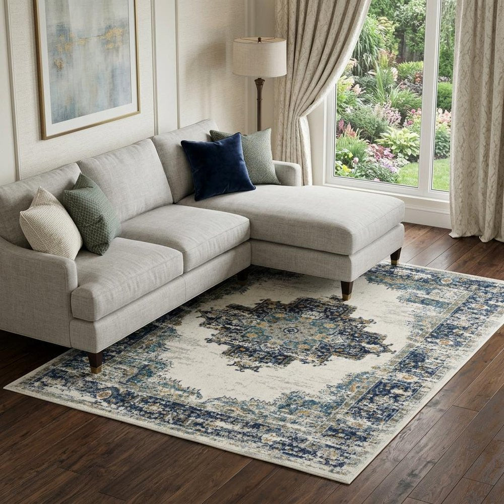 8' X 10' Cream Floral Power Loom Distressed Area Rug