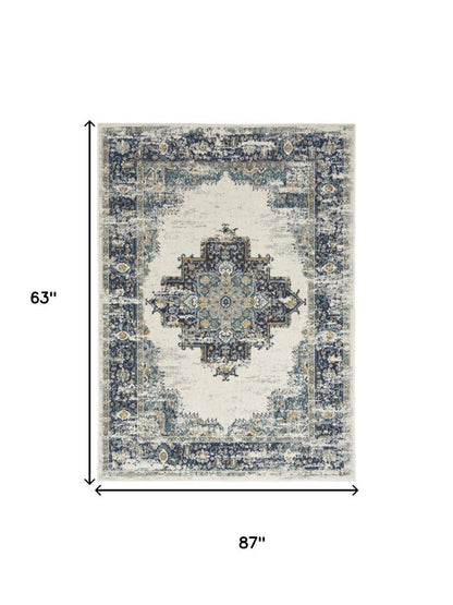 5' X 7' Cream Floral Power Loom Distressed Area Rug