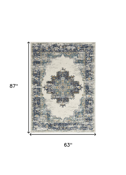 5' X 7' Cream Floral Power Loom Distressed Area Rug