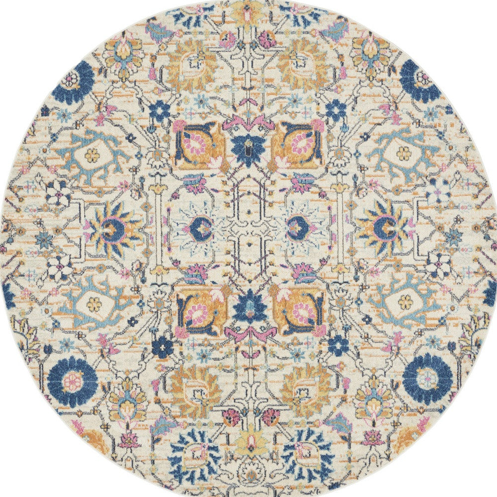 8' Cream Round Floral Power Loom Area Rug