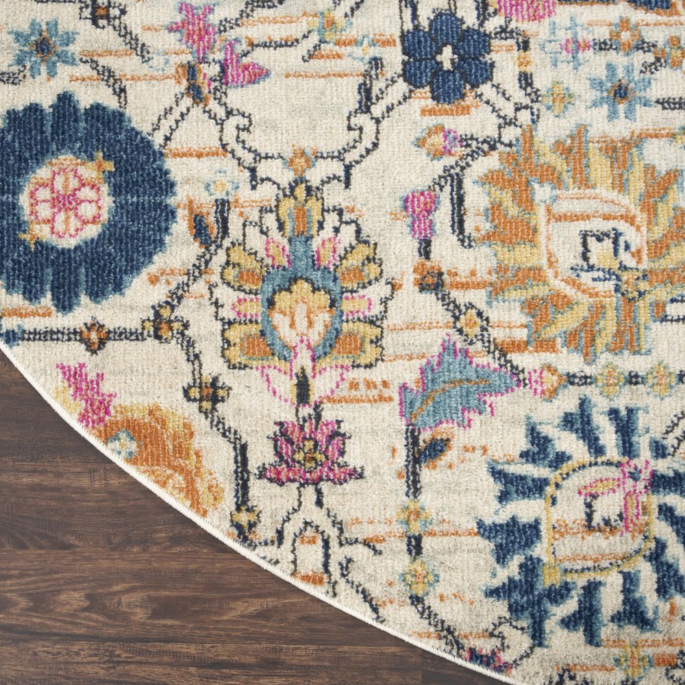 8' Cream Round Floral Power Loom Area Rug
