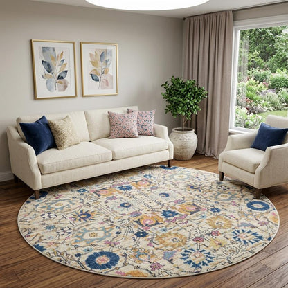 8' Cream Round Floral Power Loom Area Rug