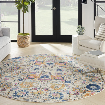 8' Cream Round Floral Power Loom Area Rug