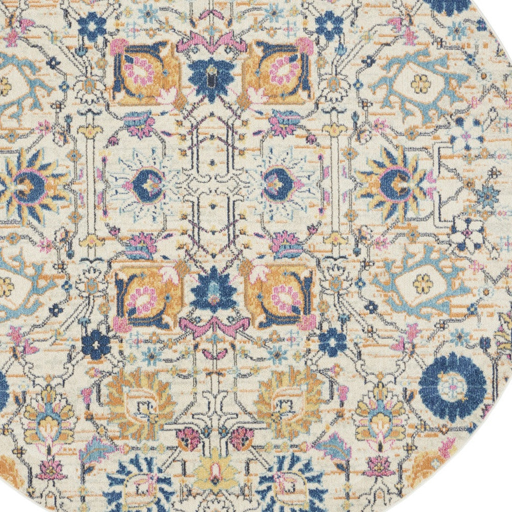 8' Cream Round Floral Power Loom Area Rug