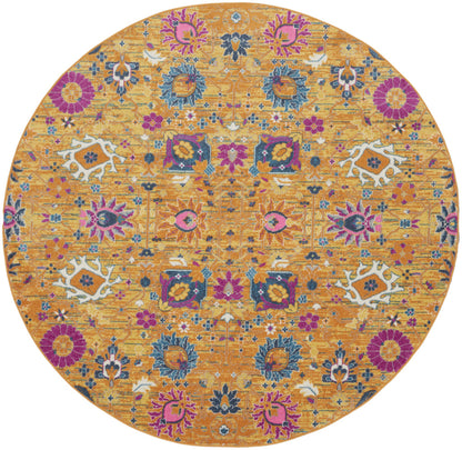 8' Gold Round Floral Power Loom Area Rug