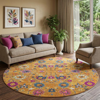 8' Gold Round Floral Power Loom Area Rug