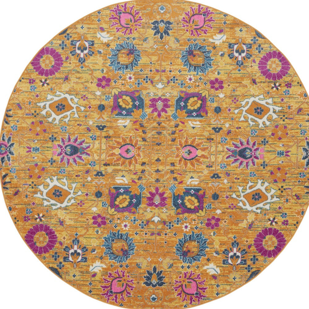 8' Gold Round Floral Power Loom Area Rug