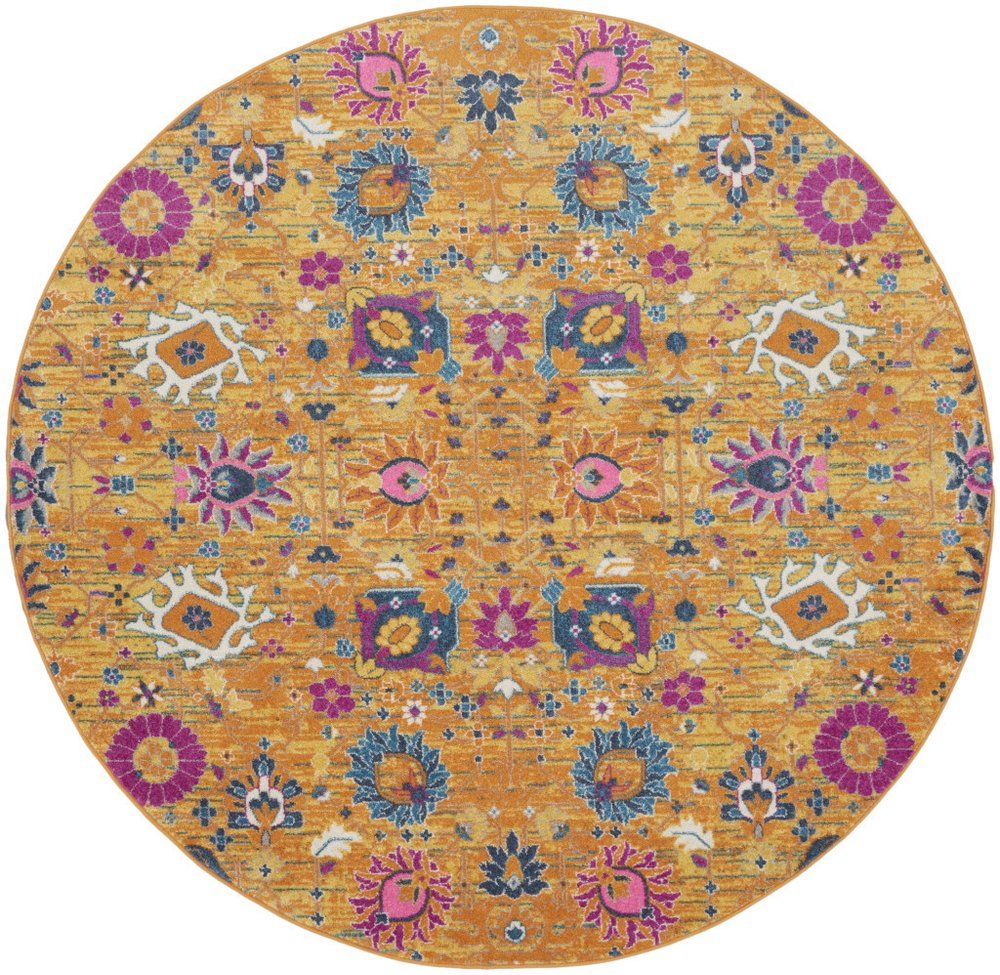 8' Gold Round Floral Power Loom Area Rug