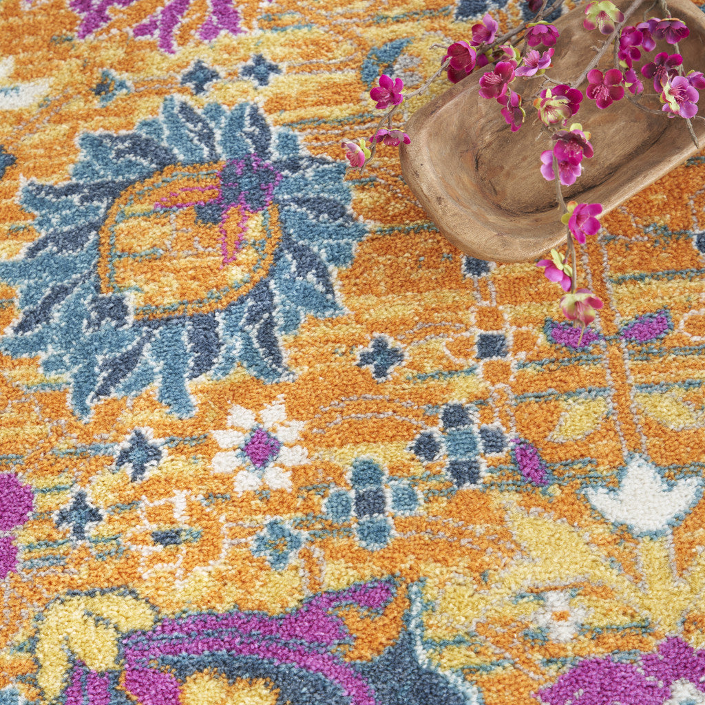 8' Gold Round Floral Power Loom Area Rug