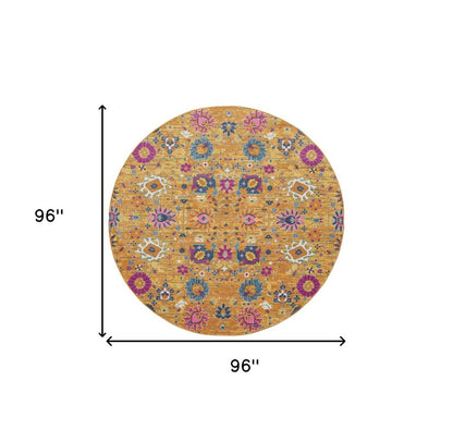 8' Gold Round Floral Power Loom Area Rug