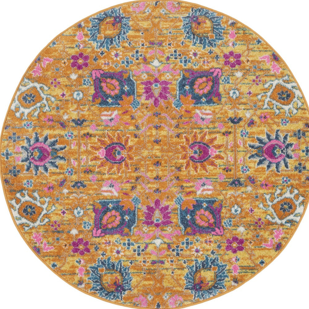 4' Gold Round Floral Power Loom Area Rug