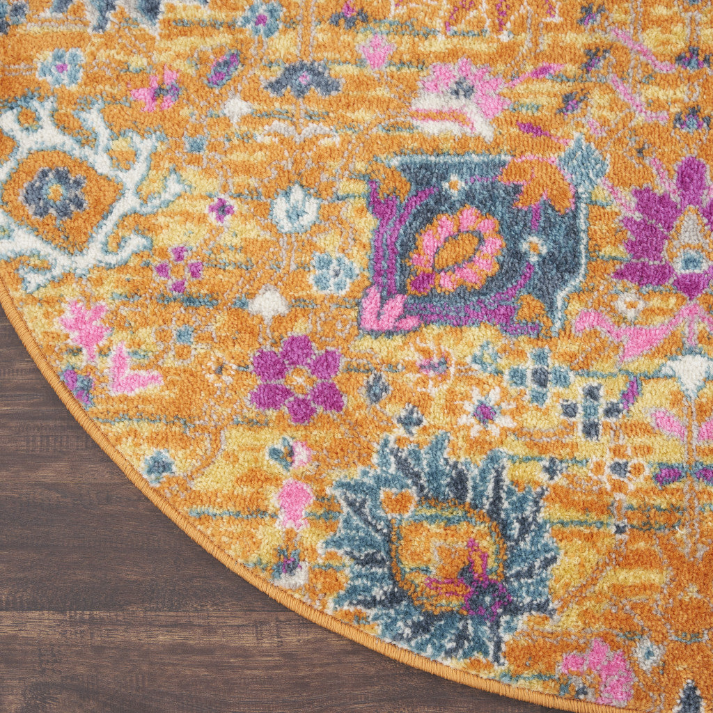 4' Gold Round Floral Power Loom Area Rug