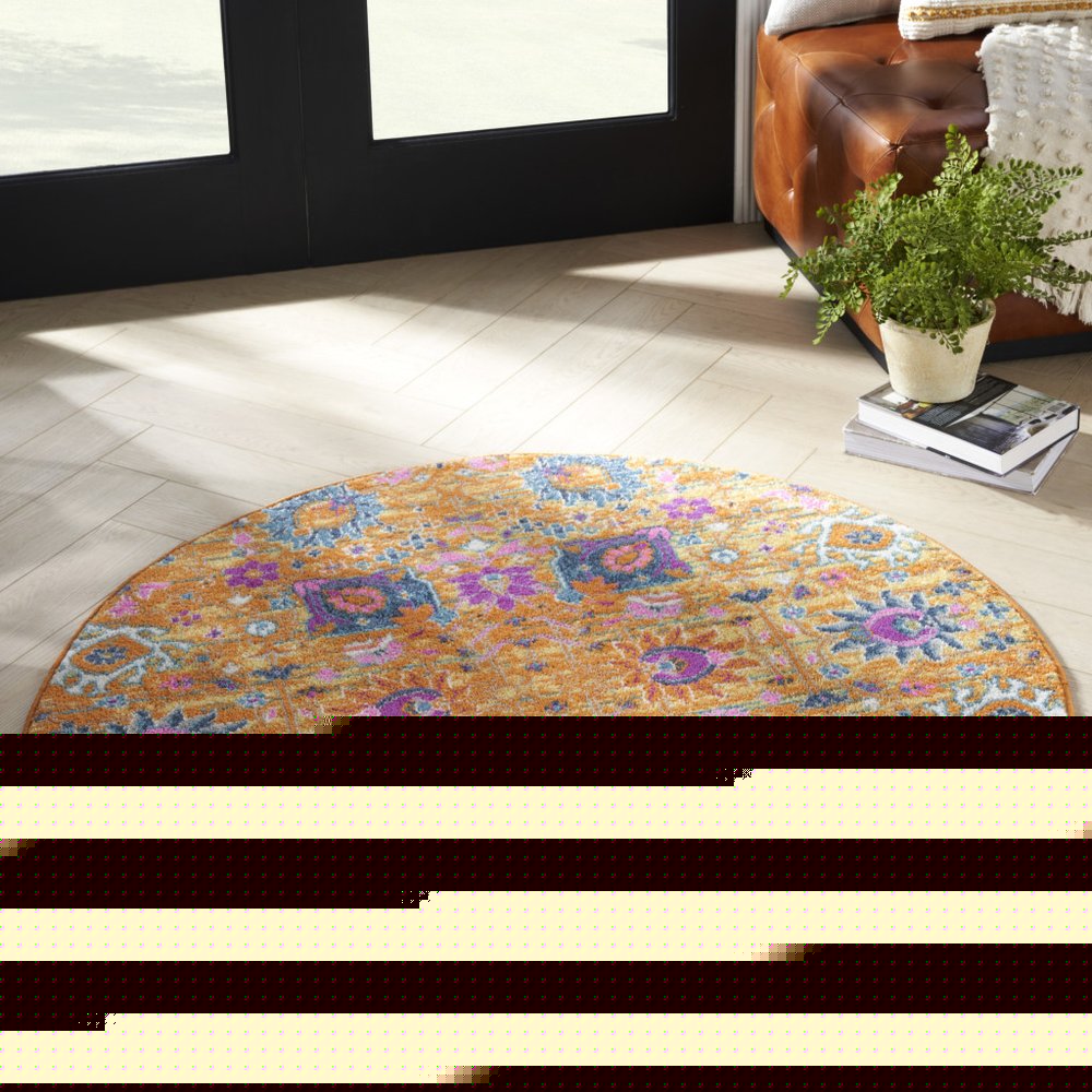4' Gold Round Floral Power Loom Area Rug
