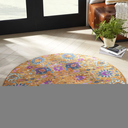 4' Gold Round Floral Power Loom Area Rug