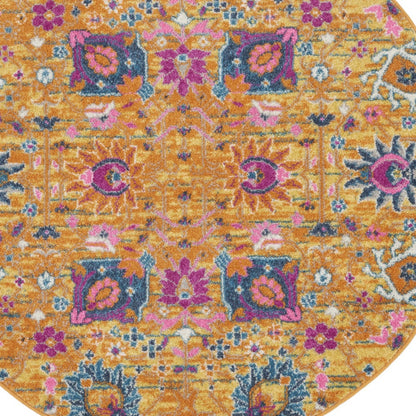 4' Gold Round Floral Power Loom Area Rug