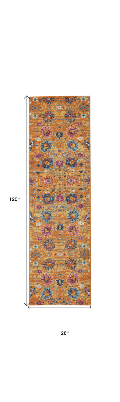 10' Gold Floral Power Loom Runner Rug