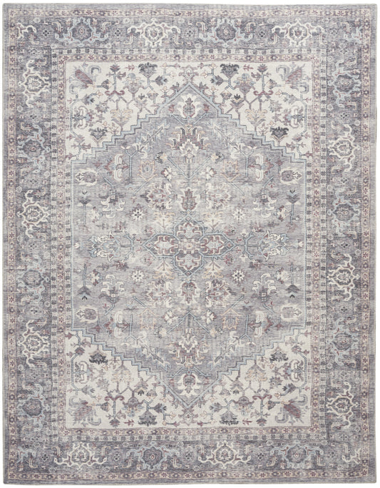 8' X 10' Gray Floral Power Loom Distressed Area Rug