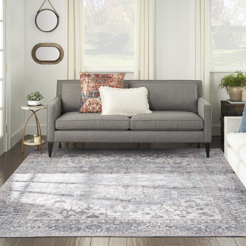 8' X 10' Gray Floral Power Loom Distressed Area Rug