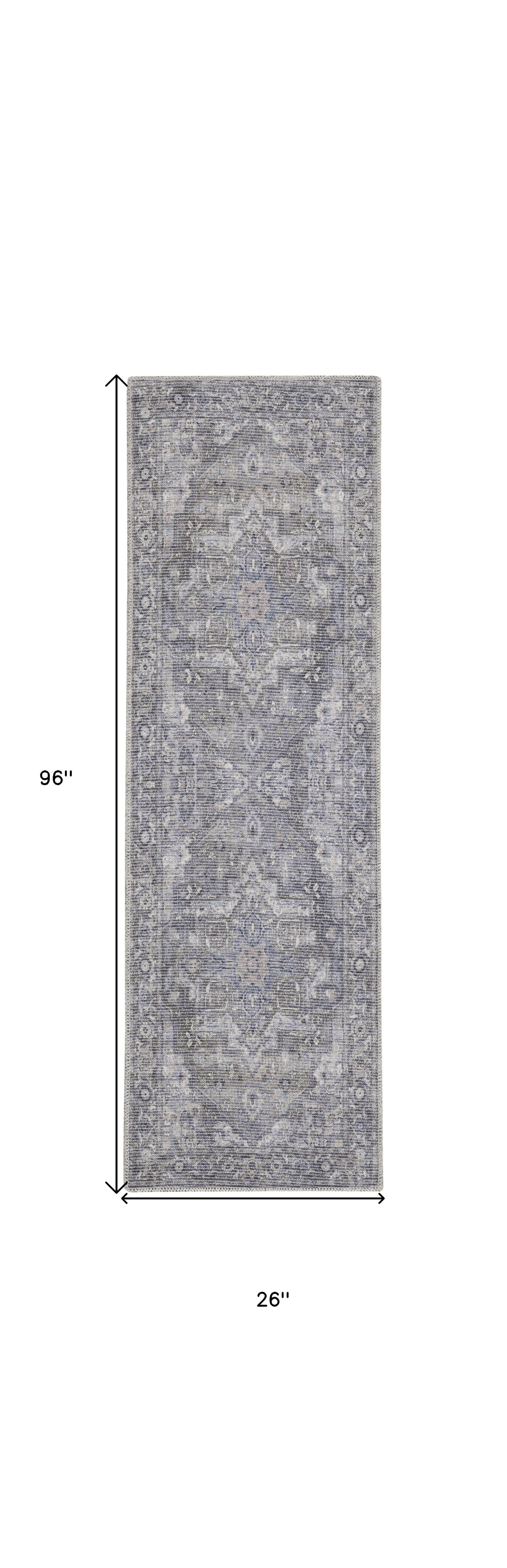 8' Gray Floral Power Loom Distressed Washable Runner Rug