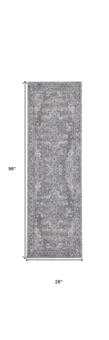 8' Gray Floral Power Loom Distressed Washable Runner Rug