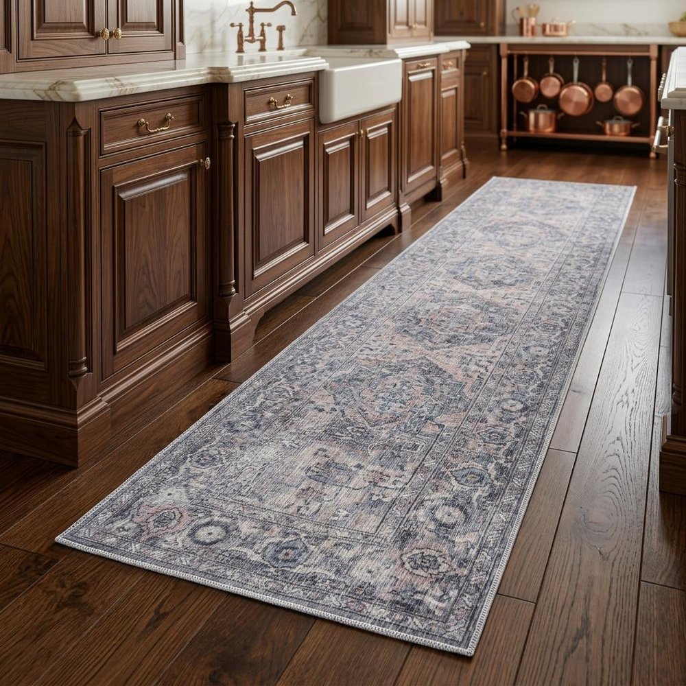 8' Gray Floral Power Loom Distressed Washable Runner Rug