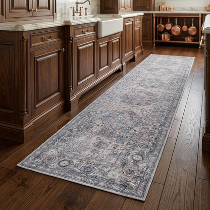 8' Gray Floral Power Loom Distressed Washable Runner Rug