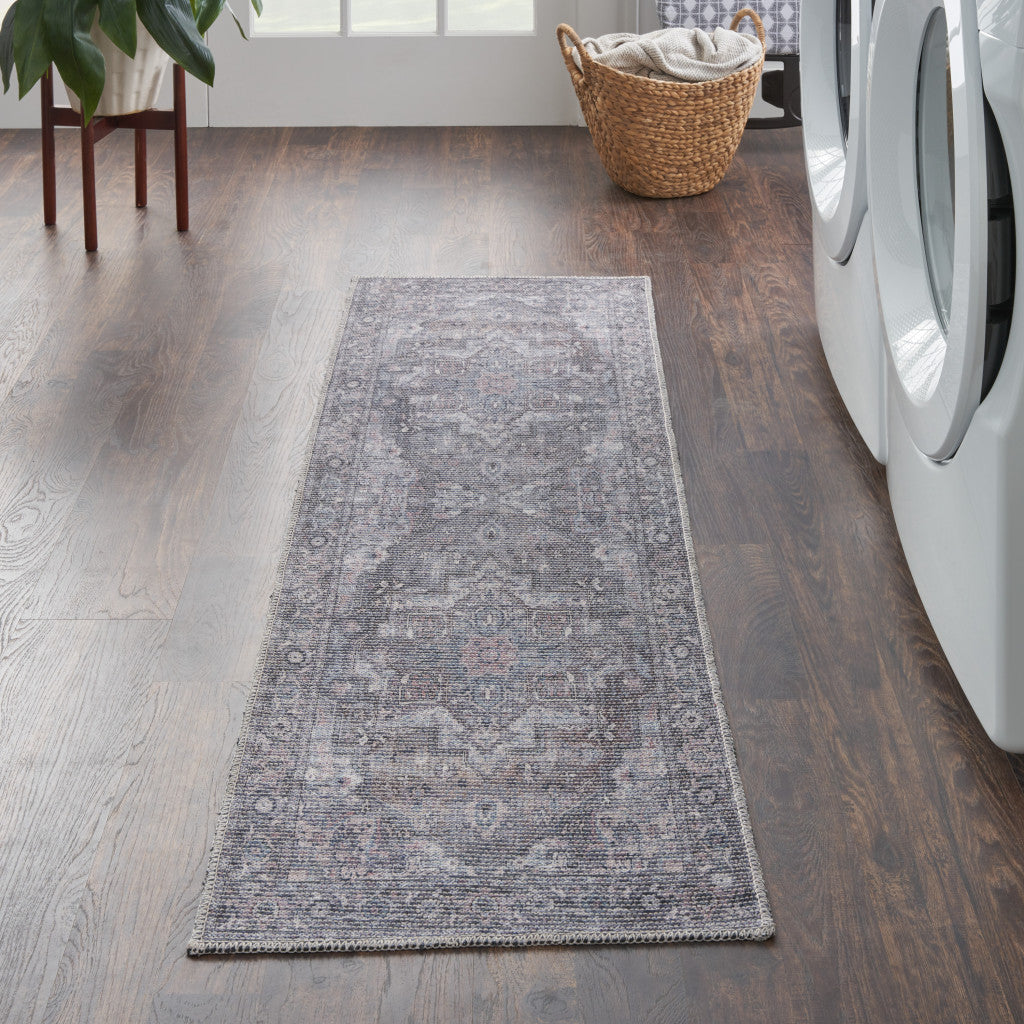 8' Gray Floral Power Loom Distressed Washable Runner Rug